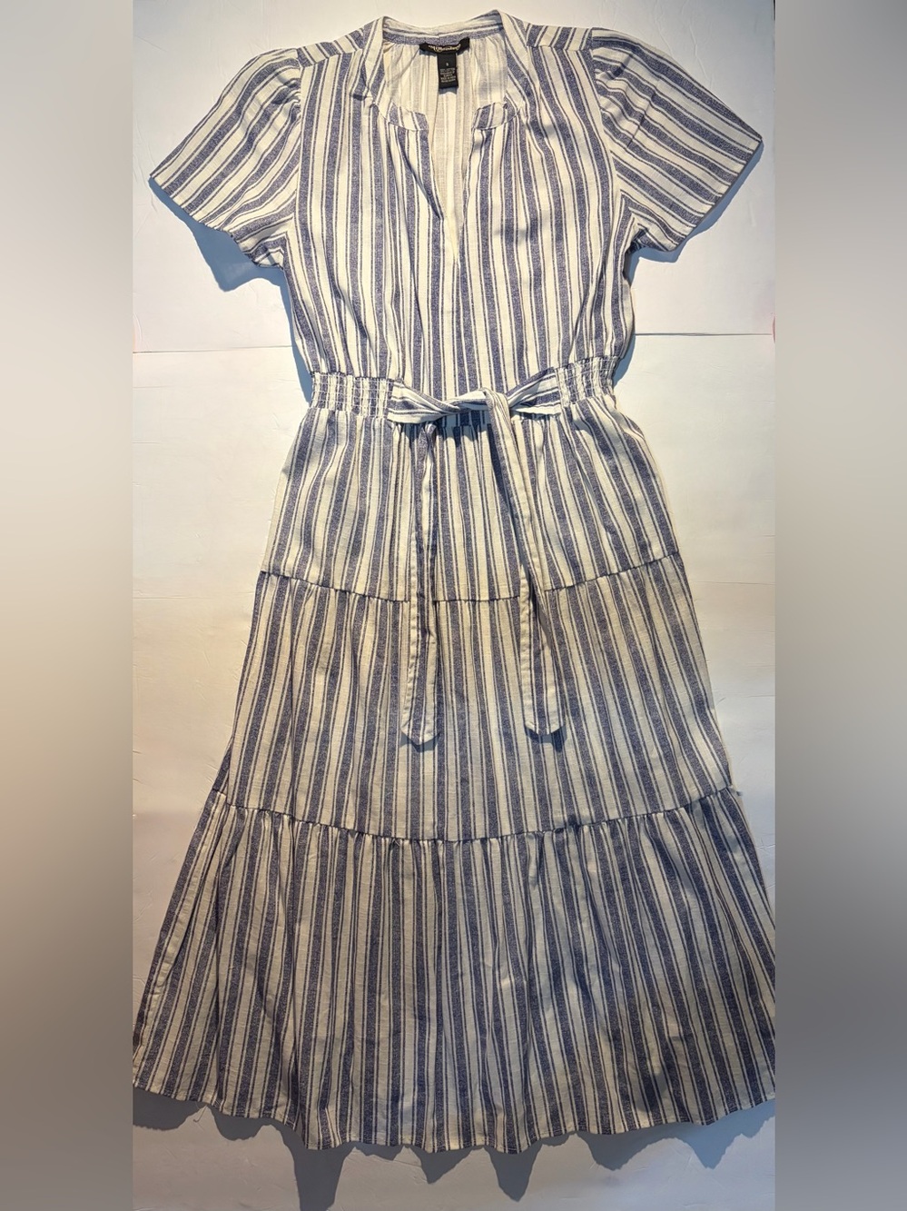 Women’s S 100% Cotton Blue & White Striped Tie Waist Tiered Maxi Dress